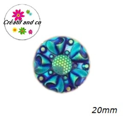 Cabochon motif fleur 3d bleu roi résine 20mm