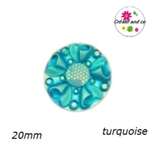 Cabochon motif fleur 3d turquoise résine 20mm