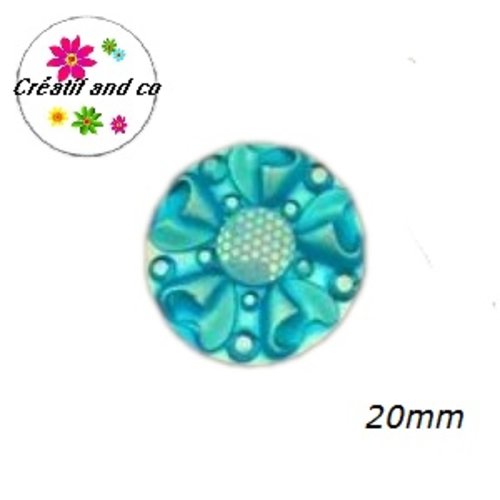 Cabochon motif fleur 3d turquoise résine 20mm