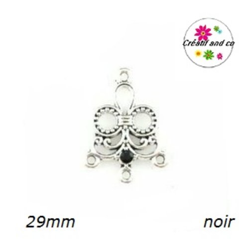 Connecteur chandelier forme fleur 3 anneaux et strass central noir 29mm