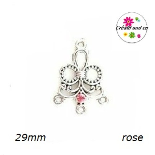 Connecteur chandelier forme fleur 3 anneaux et strass central rose 29mm
