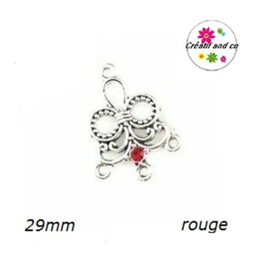 Connecteur chandelier forme fleur 3 anneaux et strass central rouge 29mm