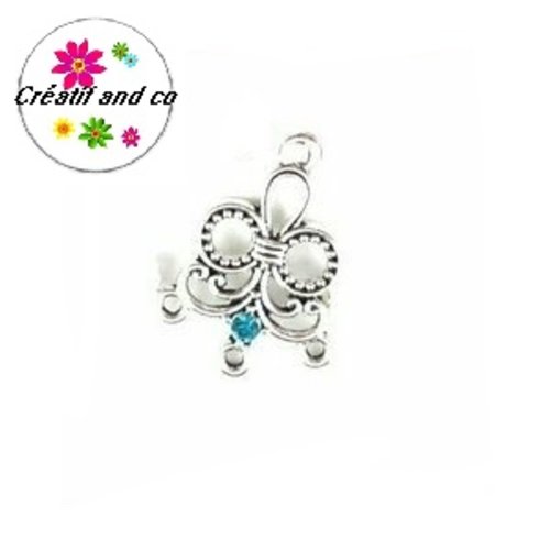Connecteur chandelier forme fleur et strass central turquoise 29mm