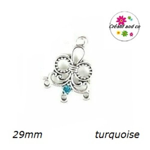 Connecteur chandelier forme fleur 3 anneaux et strass central turquoise 29mm