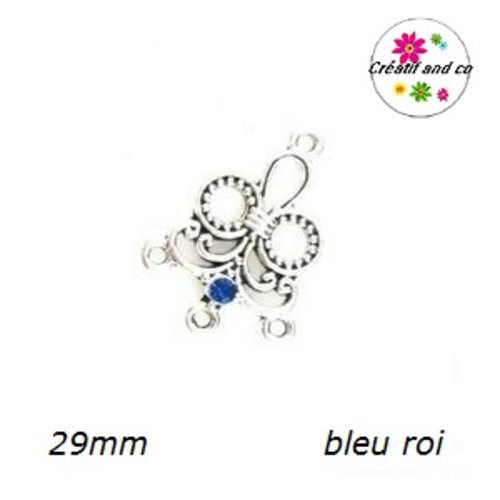 Connecteur chandelier forme fleur 3 anneaux et strass central bleu roi 29mm