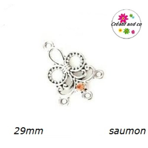 Connecteur chandelier forme fleur 3 anneaux et strass central saumon 29mm