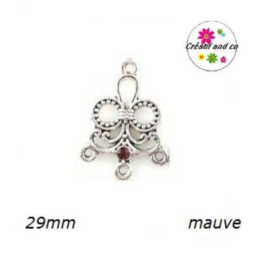 Connecteur chandelier forme fleur 3 anneaux  et strass central mauve  29mm