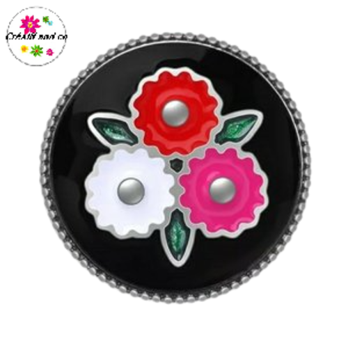 Bouton pression fleuri fond noir métal