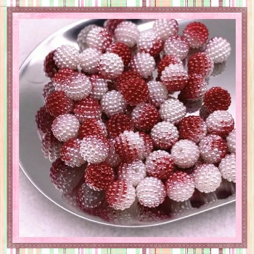 X5 perles rondes bayberry bi-couleur blanches/rouges acryliques 10mm