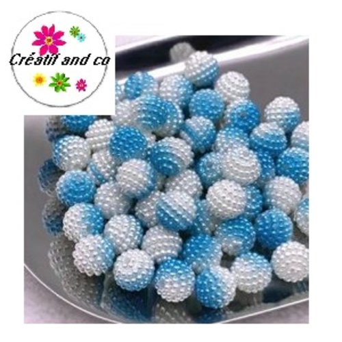 X5 perles rondes bayberry bi-couleur blanches/bleus clairs acryliques 10mm