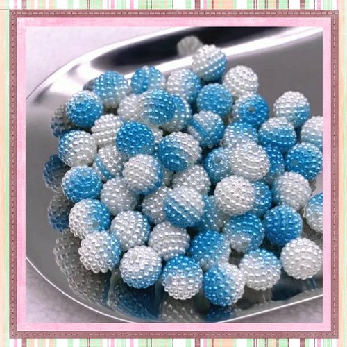 X5 perles rondes bayberry bi-couleur blanches/bleus clairs acryliques 10mm