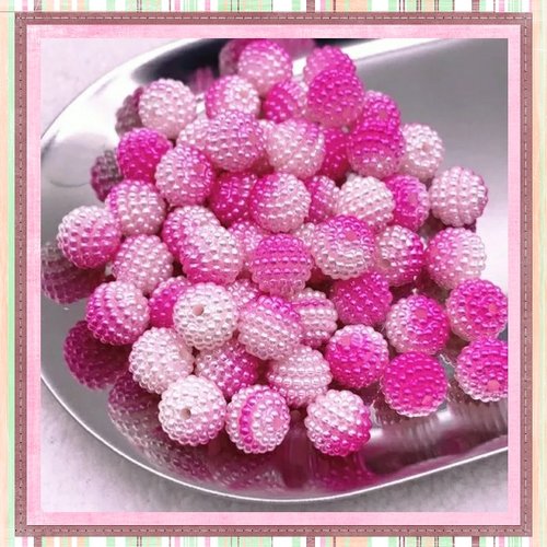 X5 perles rondes bayberry bi-couleur blanches/fuchsias clairs acryliques 10mm