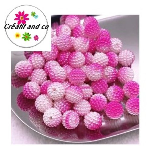 X5 perles rondes bayberry bi-couleur blanches/fuchsias clairs acryliques 10mm