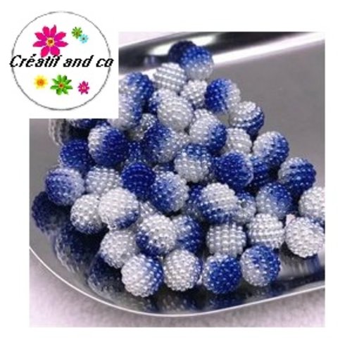 X5 perles rondes bayberry bi-couleur blanches/bleus foncés acryliques 10mm
