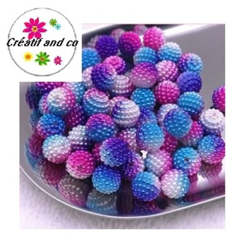 X5 perles rondes bayberry bi-couleur blanches/bleus/fuchsias acryliques 10mm
