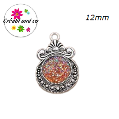 Pendentif argent tibétain cabochon ambre imitation druzy 12mm