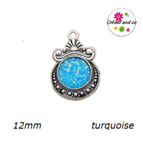 Pendentif argent tibétain cabochon turquoise imitation druzy 12mm