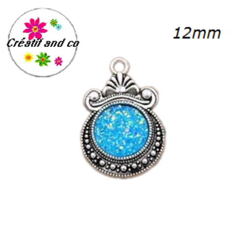 Pendentif argent tibétain cabochon turquoise imitation druzy 12mm