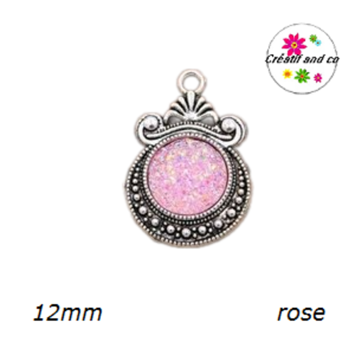 Pendentif argent tibétain cabochon rose imitation druzy 12mm