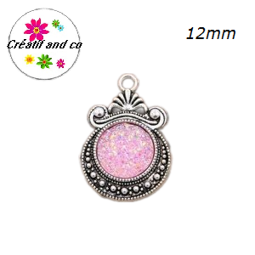 Pendentif argent tibétain cabochon rose imitation druzy 12mm