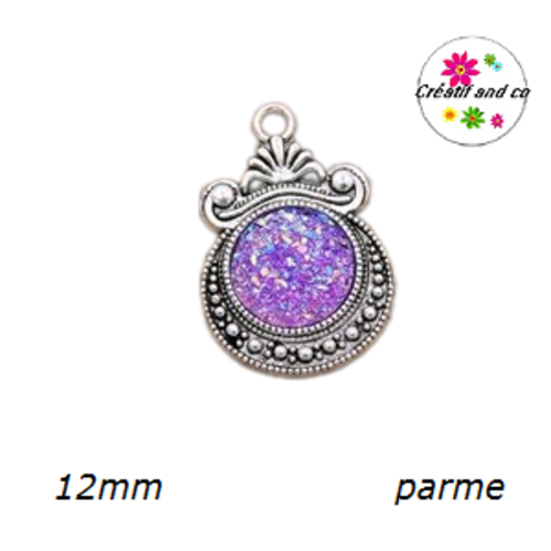 Pendentif argent tibétain cabochon parme imitation druzy 12mm