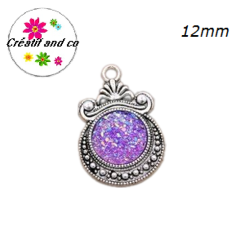 Pendentif argent tibétain cabochon parme imitation druzy 12mm