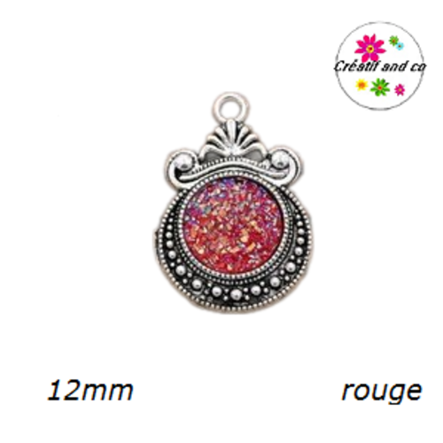Pendentif argent tibétain cabochon rouge imitation druzy 12mm