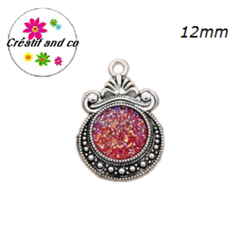 Pendentif argent tibétain cabochon rouge imitation druzy 12mm