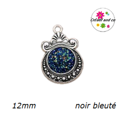 Pendentif argent tibétain cabochon noir bleuté imitation druzy 12mm