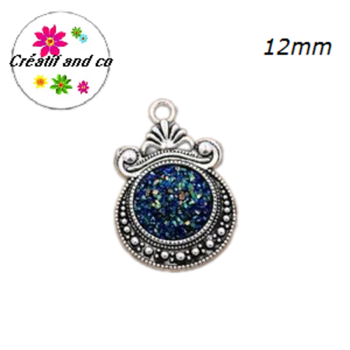 Pendentif argent tibétain cabochon noir bleuté imitation druzy 12mm