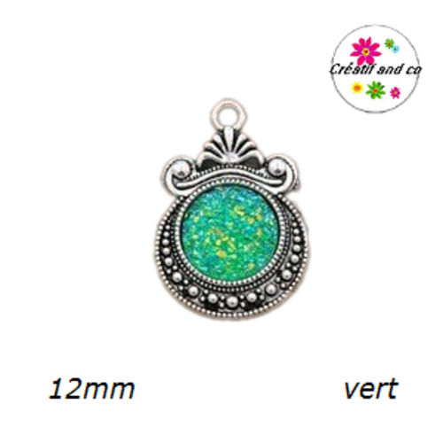 Pendentif argent tibétain cabochon vert imitation druzy 12mm