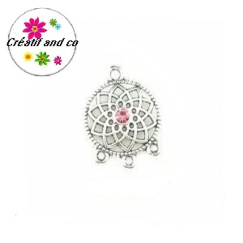 Connecteur chandelier rond et strass central rose  24,5mm