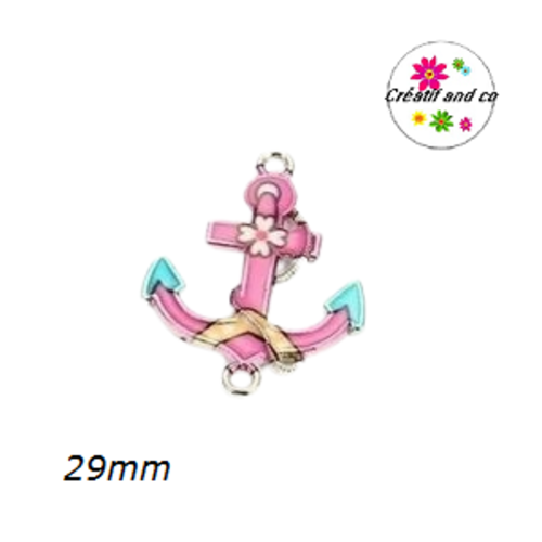 Connecteur émail ancre marine fuchsia  29mm