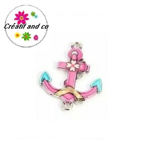 Connecteur émail ancre marine fuchsia  29mm