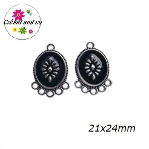 Connecteur chandelier oval argenté émail noir  21x14mm