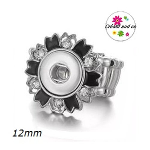 Bague métal argentée/noire et strass pour bouton pression 12mm