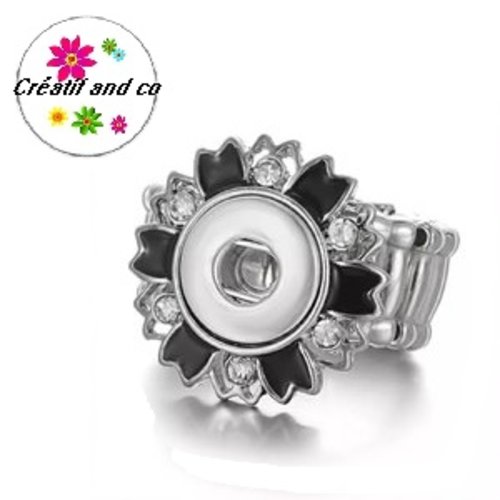 Bague métal argentée/noire et strass pour bouton pression 12mm
