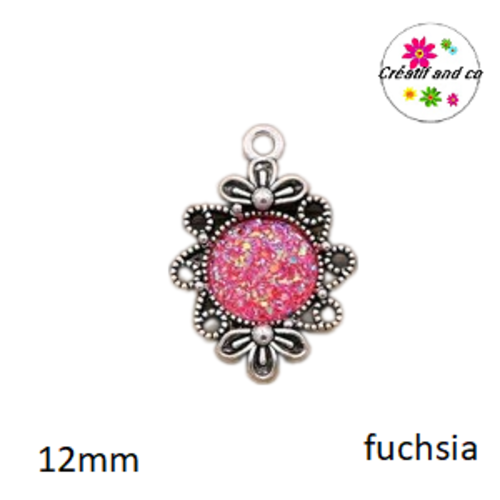 Pendentif argent tibétain cabochon fuchsia imitation druzy 12mm