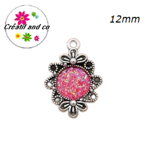Pendentif argent tibétain cabochon fuchsia imitation druzy 12mm