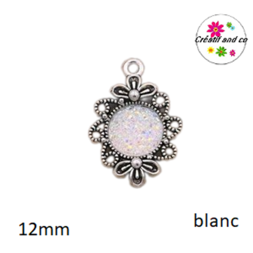 Pendentif argent tibétain cabochon blanc imitation druzy 12mm