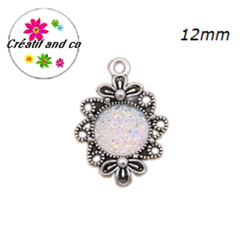 Pendentif argent tibétain cabochon blanc imitation druzy 12mm