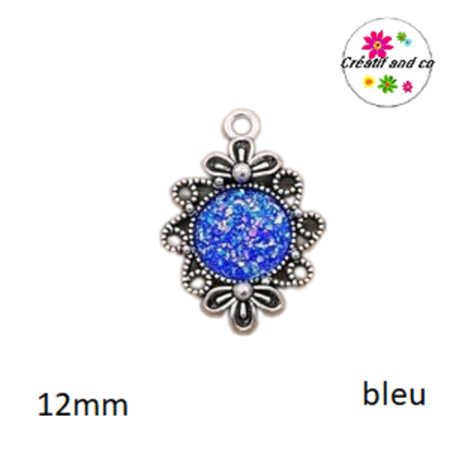Pendentif argent tibétain cabochon bleu imitation druzy 12mm