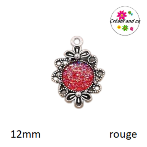Pendentif argent tibétain cabochon rouge imitation druzy 12mm
