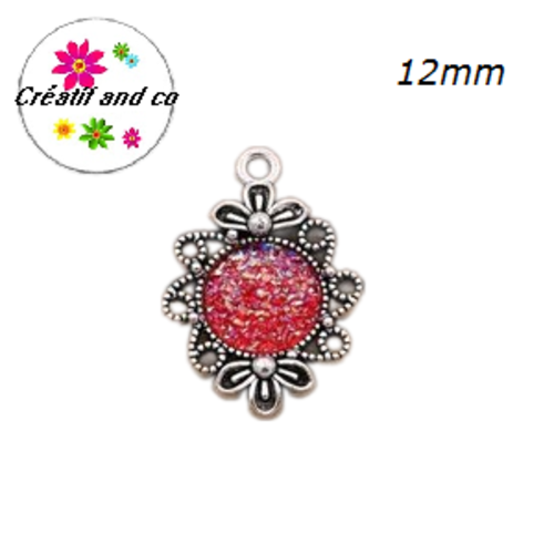 Pendentif argent tibétain cabochon rouge imitation druzy 12mm