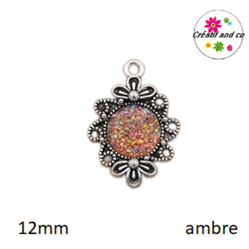 Pendentif argent tibétain cabochon ambre imitation druzy 12mm
