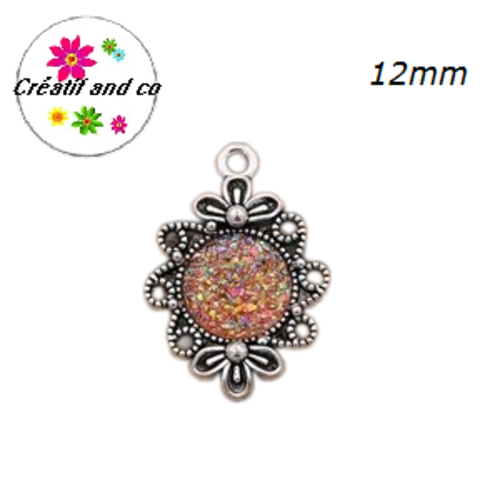 Pendentif argent tibétain cabochon ambre imitation druzy 12mm
