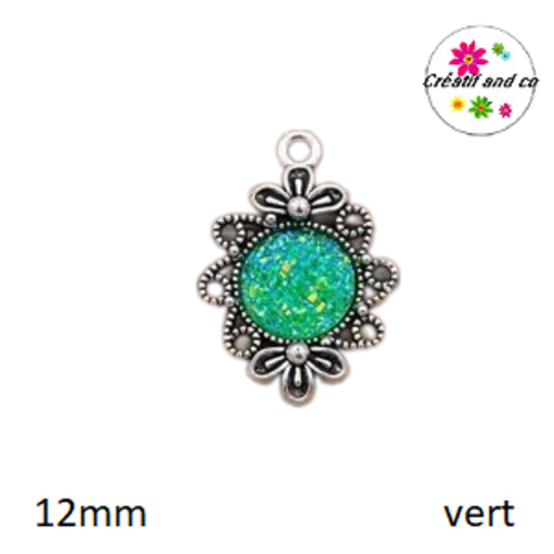 Pendentif argent tibétain cabochon vert imitation druzy 12mm
