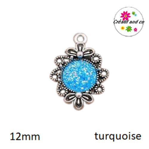 Pendentif argent tibétain cabochon turquoise imitation druzy 12mm