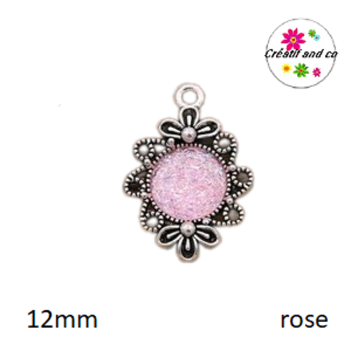 Pendentif argent tibétain cabochon rose imitation druzy 12mm