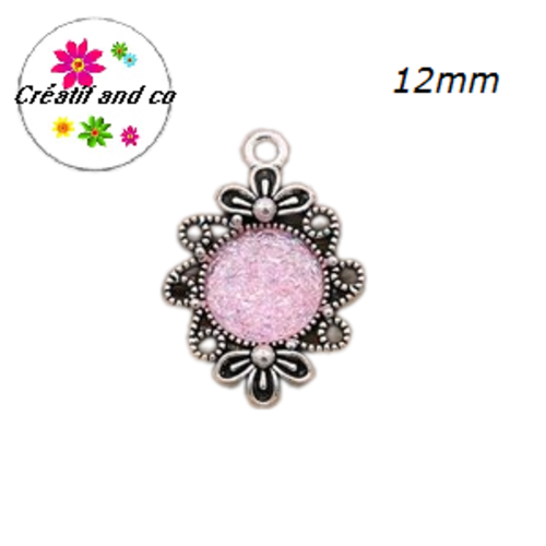 Pendentif argent tibétain cabochon rose imitation druzy 12mm